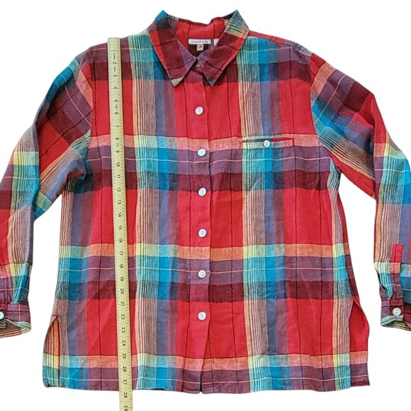 Chico's 100% Linen Red Plaid Long Over-sized Button Front Shirt Size L NWOT NEW - Picture 4 of 9